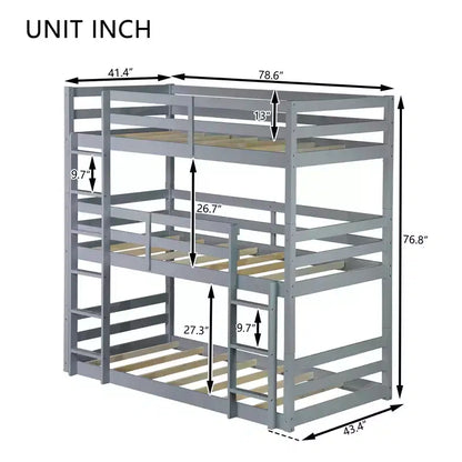Lit superposé triple en bois d'hévéa avec 2 échelles intégrées et garde-corps pleine longueur, détachable, gris