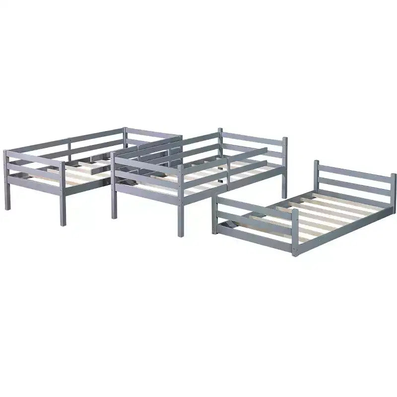 Lit superposé triple en bois d'hévéa avec 2 échelles intégrées et garde-corps pleine longueur, détachable, gris