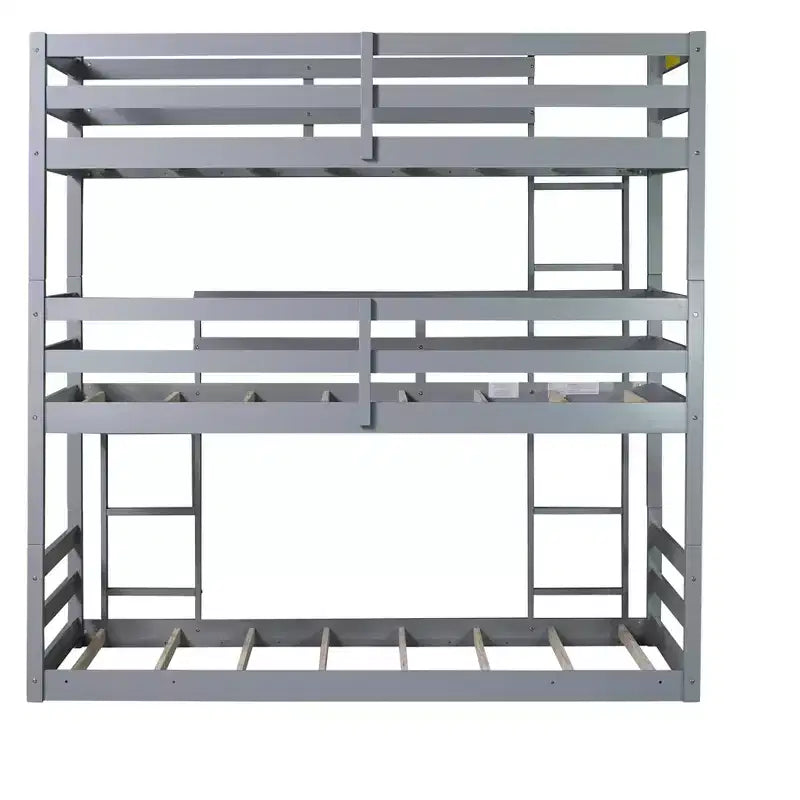 Lit superposé triple en bois d'hévéa avec 2 échelles intégrées et garde-corps pleine longueur, détachable, gris