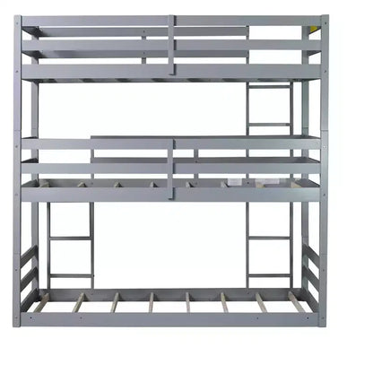 Lit superposé triple en bois d'hévéa avec 2 échelles intégrées et garde-corps pleine longueur, détachable, gris