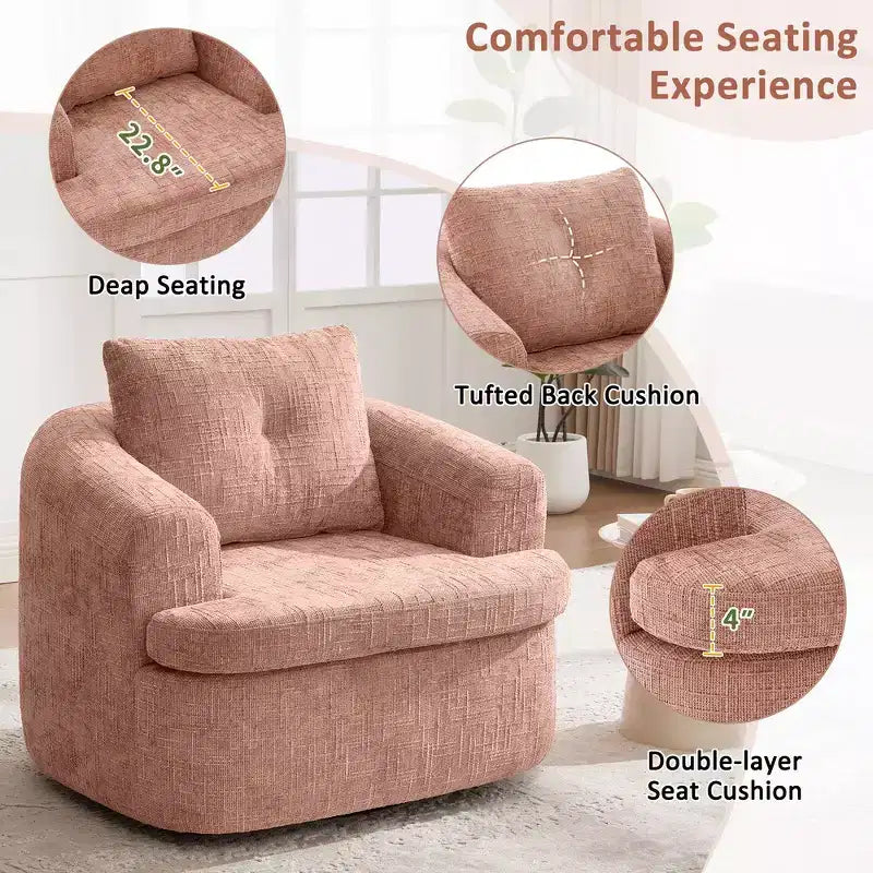 Fauteuil rond pivotant de 93 cm avec rotation à 360°, coussin double épaisseur et dossier capitonné
