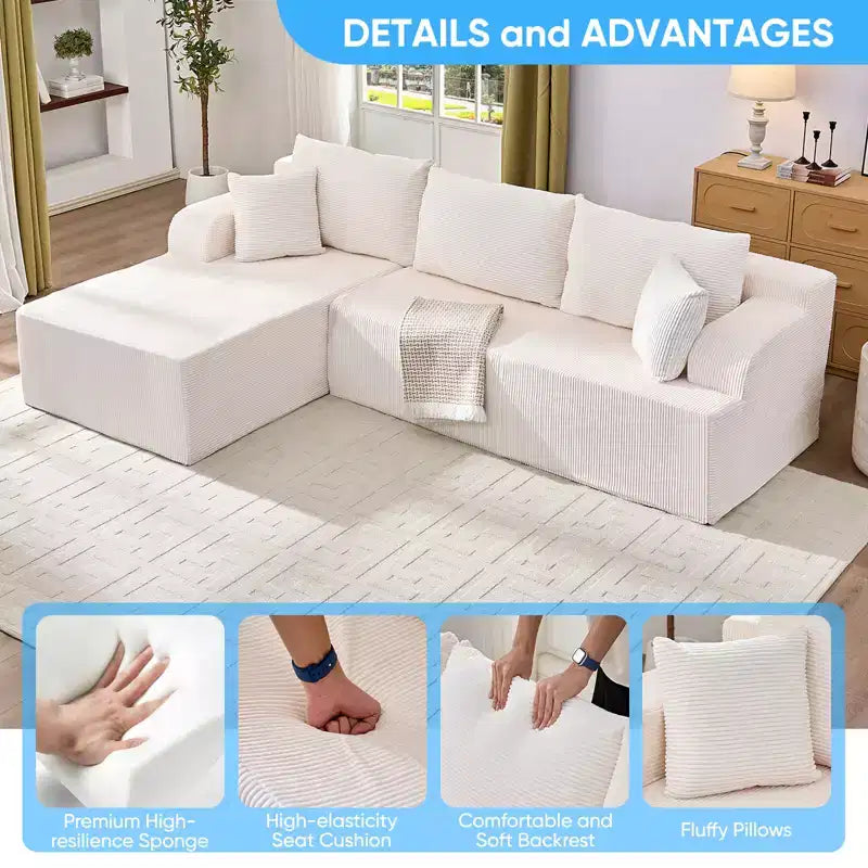 Canapé modulable 2 places avec assise profonde, canapé d'angle en velours côtelé avec méridienne