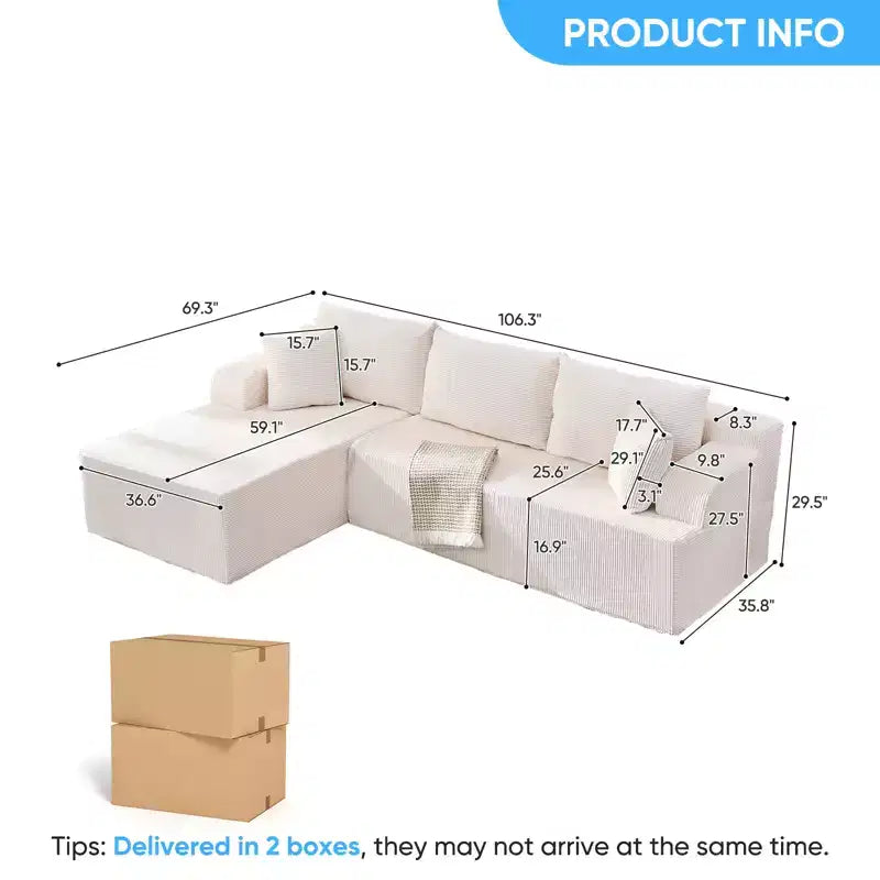 Canapé modulable 2 places avec assise profonde, canapé d'angle en velours côtelé avec méridienne
