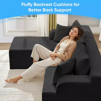 Canapé modulable 2 places avec assise profonde, canapé d'angle en velours côtelé avec méridienne