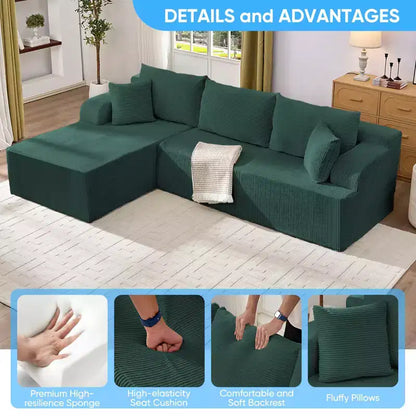 Canapé modulable 2 places avec assise profonde, canapé d'angle en velours côtelé avec méridienne