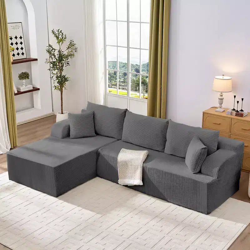 Canapé modulable 2 places avec assise profonde, canapé d'angle en velours côtelé avec méridienne