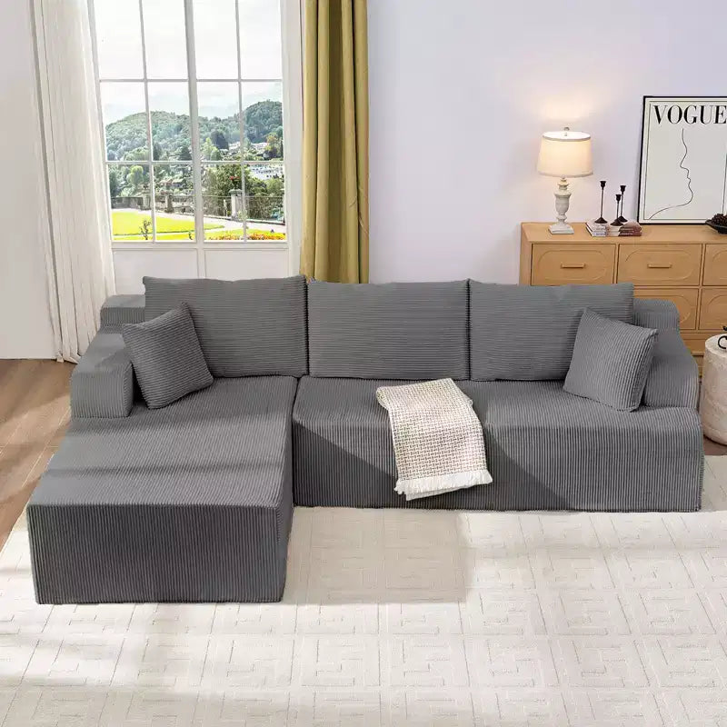Canapé modulable 2 places avec assise profonde, canapé d'angle en velours côtelé avec méridienne