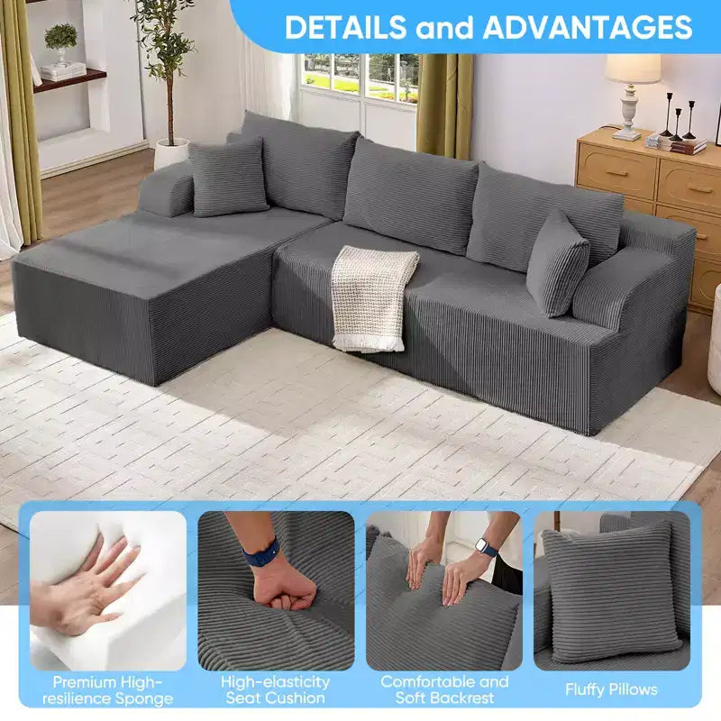 Canapé modulable 2 places avec assise profonde, canapé d'angle en velours côtelé avec méridienne