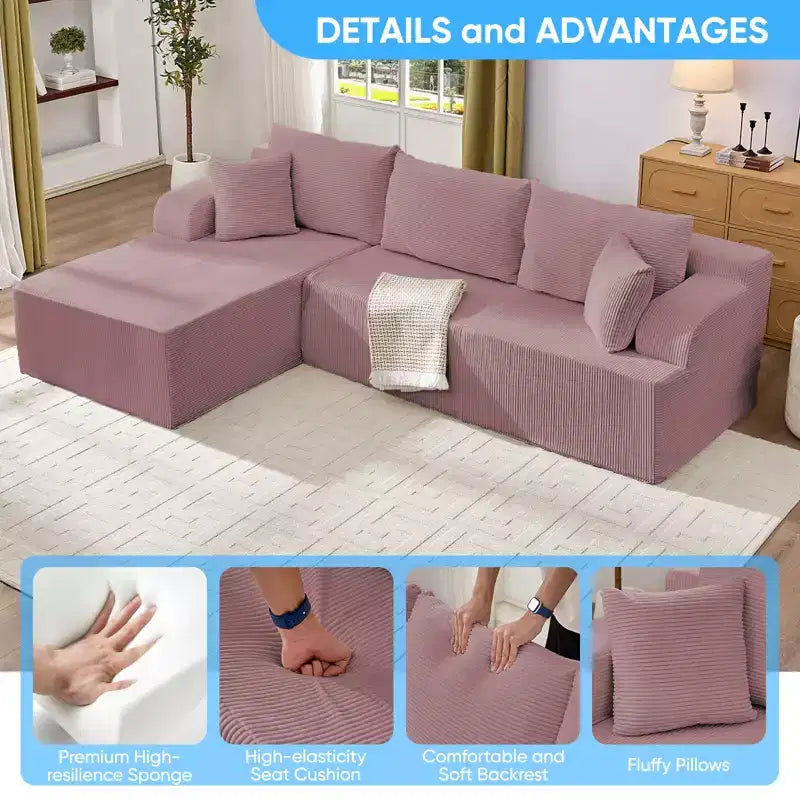 Canapé modulable 2 places avec assise profonde, canapé d'angle en velours côtelé avec méridienne