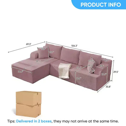 Canapé modulable 2 places avec assise profonde, canapé d'angle en velours côtelé avec méridienne