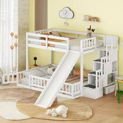 Lit superposé jumeau sur grand avec toboggan et escalier de rangement, pin, barrières de sécurité, blanc