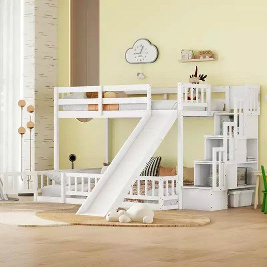 Lit superposé jumeau sur grand avec toboggan et escalier de rangement, pin, barrières de sécurité, blanc