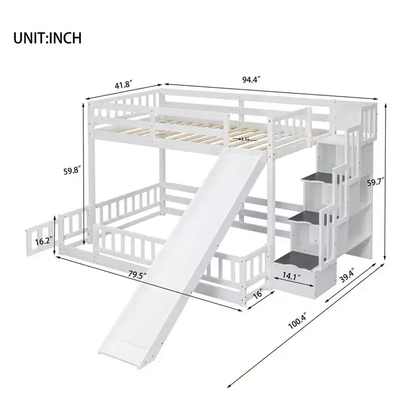 Lit superposé jumeau sur grand avec toboggan et escalier de rangement, pin, barrières de sécurité, blanc