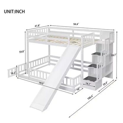 Lit superposé jumeau sur grand avec toboggan et escalier de rangement, pin, barrières de sécurité, blanc