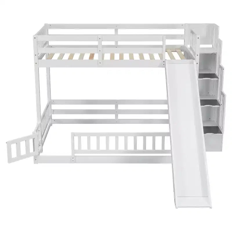 Lit superposé jumeau sur grand avec toboggan et escalier de rangement, pin, barrières de sécurité, blanc