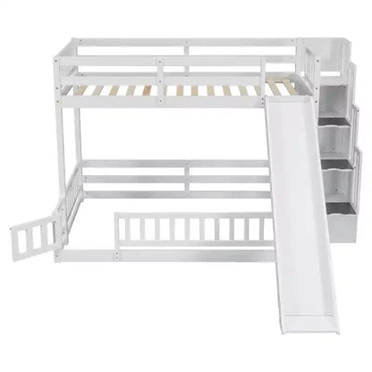 Lit superposé jumeau sur grand avec toboggan et escalier de rangement, pin, barrières de sécurité, blanc