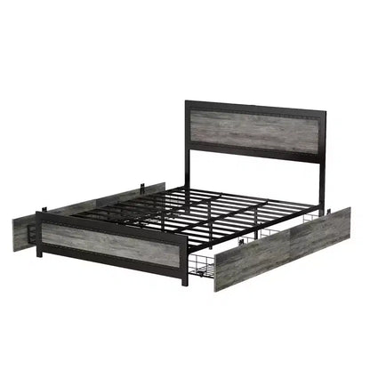 Lit plateforme avec 4 tiroirs de rangement, station de recharge intégrée, tête de lit cloutée, pas besoin de sommier.