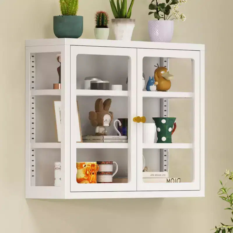 Vitrine murale avec portes en verre, étagères réglables, cadre en acier — Salle de bain, cuisine ou salon