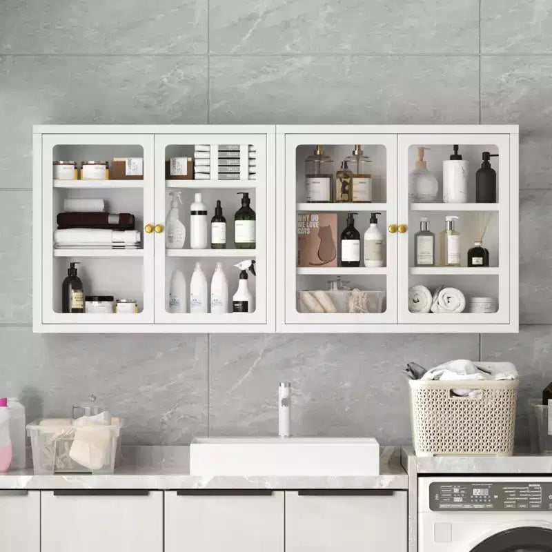 Vitrine murale avec portes en verre, étagères réglables, cadre en acier — Salle de bain, cuisine ou salon