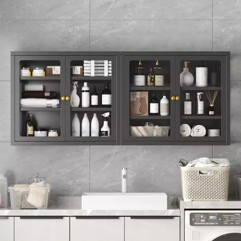 Vitrine murale avec portes en verre, étagères réglables, cadre en acier — Salle de bain, cuisine ou salon