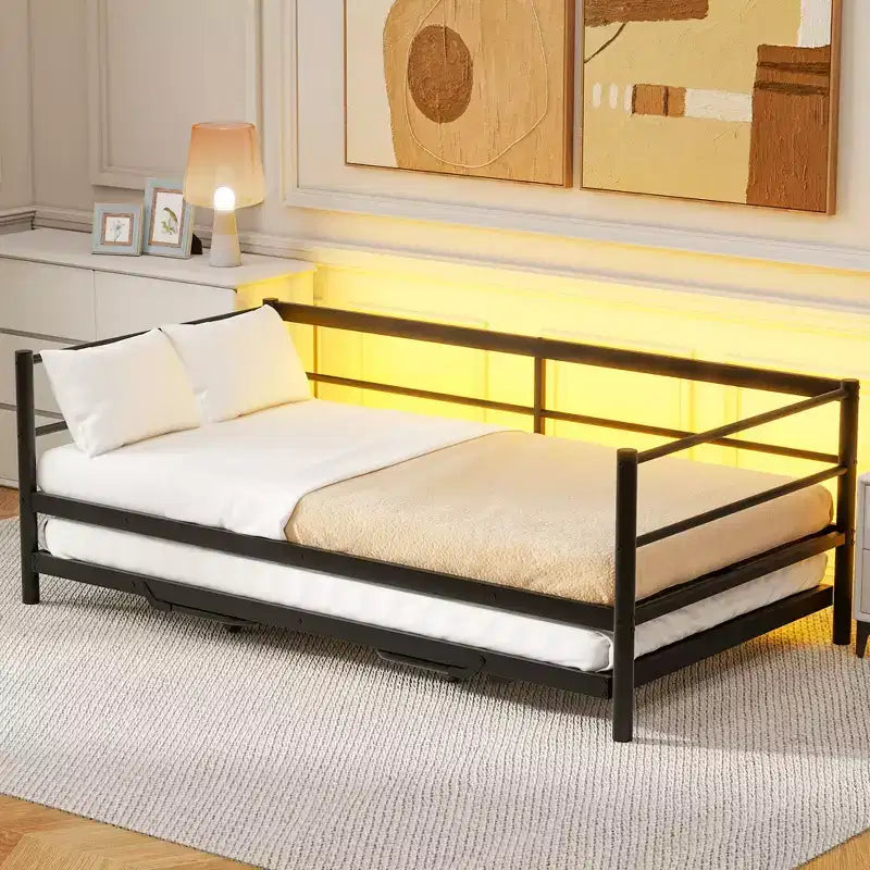 Lit de repos double en métal avec lit gigogne réglable, lit de repos double avec lumière LED et lit gigogne relevable