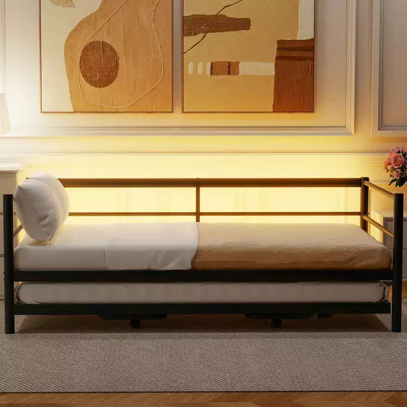 Lit de repos double en métal avec lit gigogne réglable, lit de repos double avec lumière LED et lit gigogne relevable