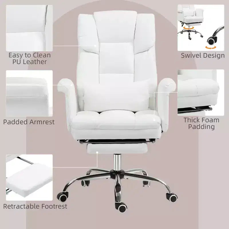 Fauteuil de bureau exécutif avec repose-pieds et support lombaire — Cuir PU, ergonomique, inclinable, pivotant