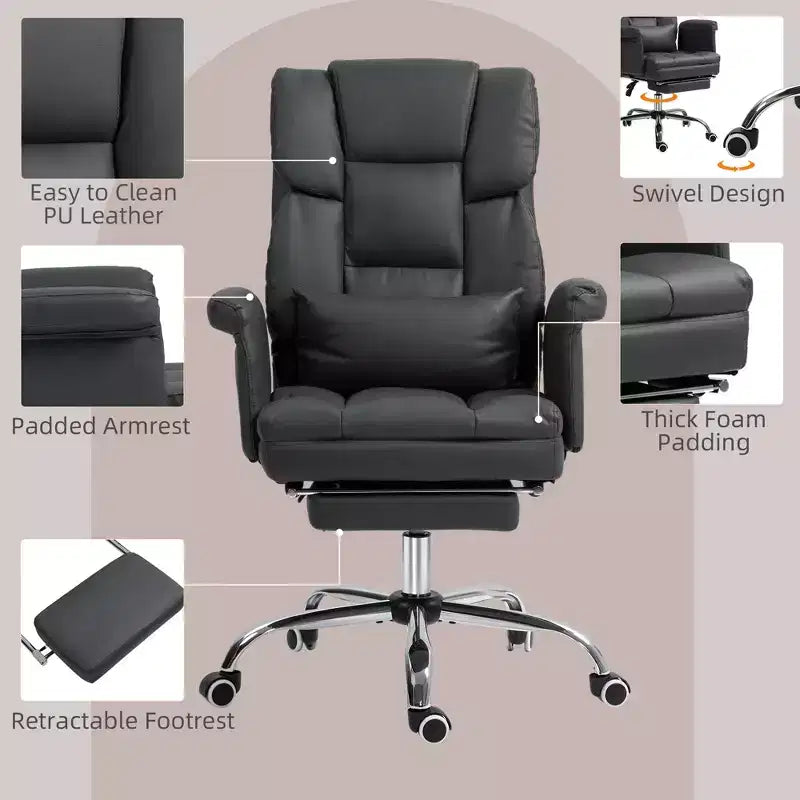 Fauteuil de bureau exécutif avec repose-pieds et support lombaire — Cuir PU, ergonomique, inclinable, pivotant