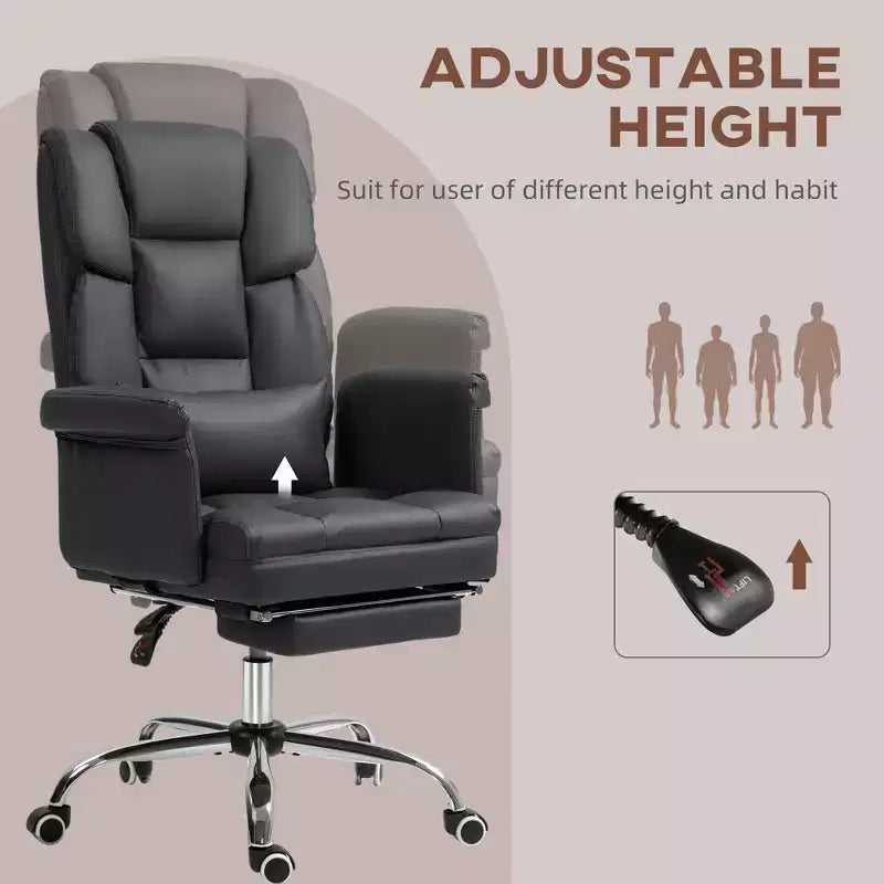 Fauteuil de bureau exécutif avec repose-pieds et support lombaire — Cuir PU, ergonomique, inclinable, pivotant
