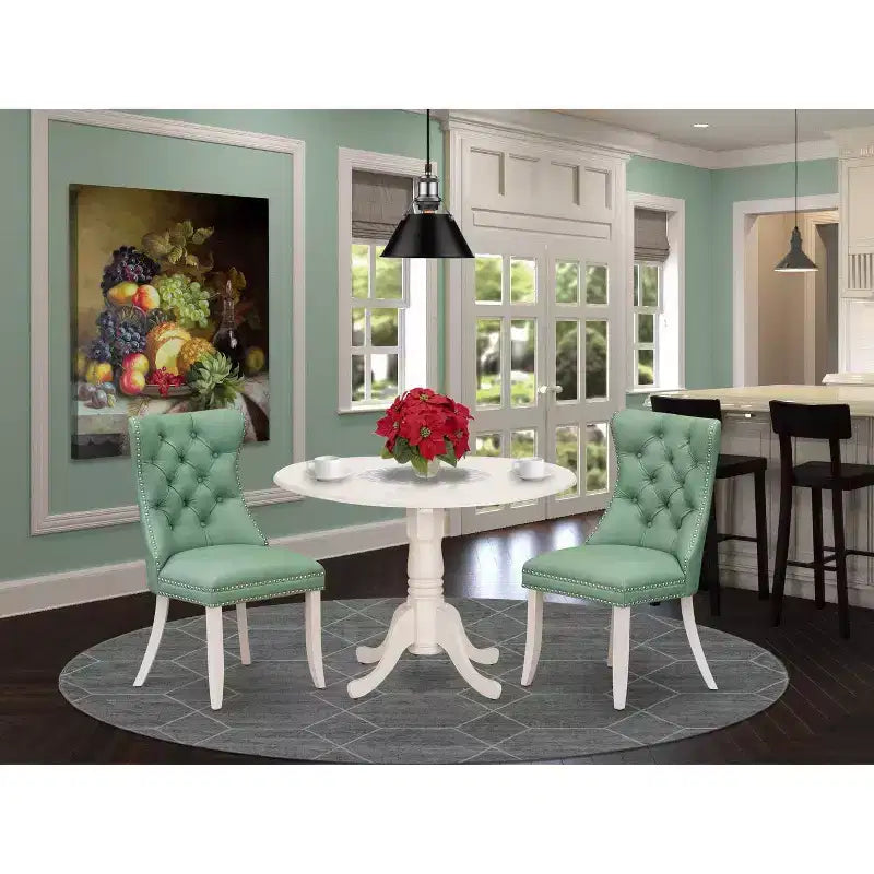 Table à manger ronde avec 2 fauteuils rembourrés, lin blanc et bois massif, diamètre 42 pouces