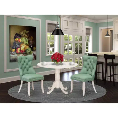 Table à manger ronde avec 2 fauteuils rembourrés, lin blanc et bois massif, diamètre 42 pouces