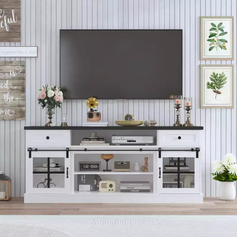 CuisinSmart Farmhouse TV Stand with Adjustable Shelf, Media Console Table with 2 Drawers Power Outlets, for Home & Office, for 75'' TVs