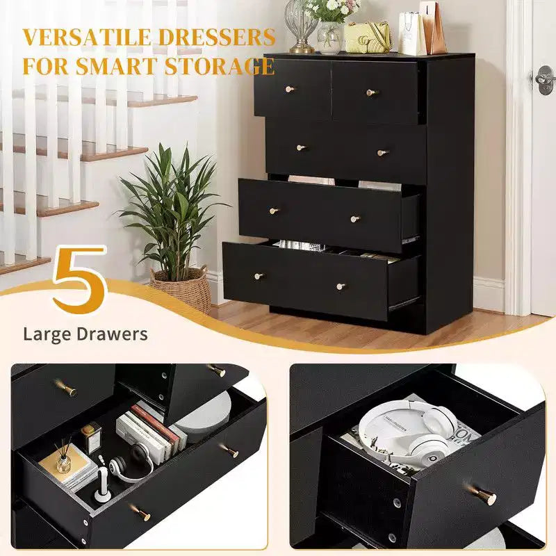 Commode à 5 tiroirs avec dispositif anti-basculement, glissières métalliques lisses, noire, 66 cm (l) x 91 cm (H)