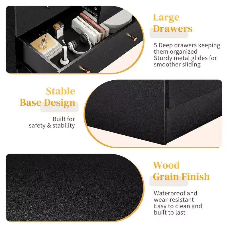 Commode à 5 tiroirs avec dispositif anti-basculement, glissières métalliques lisses, noire, 66 cm (l) x 91 cm (H)