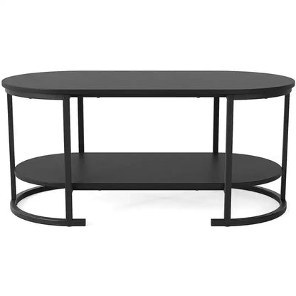 Table basse ovale à 2 niveaux avec cadre en métal et plateau aspect bois, noire, 100 cm L x 50 cm l x 46 cm H