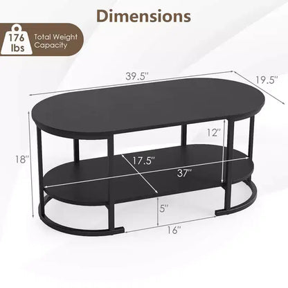 Table basse ovale à 2 niveaux avec cadre en métal et plateau aspect bois, noire, 100 cm L x 50 cm l x 46 cm H