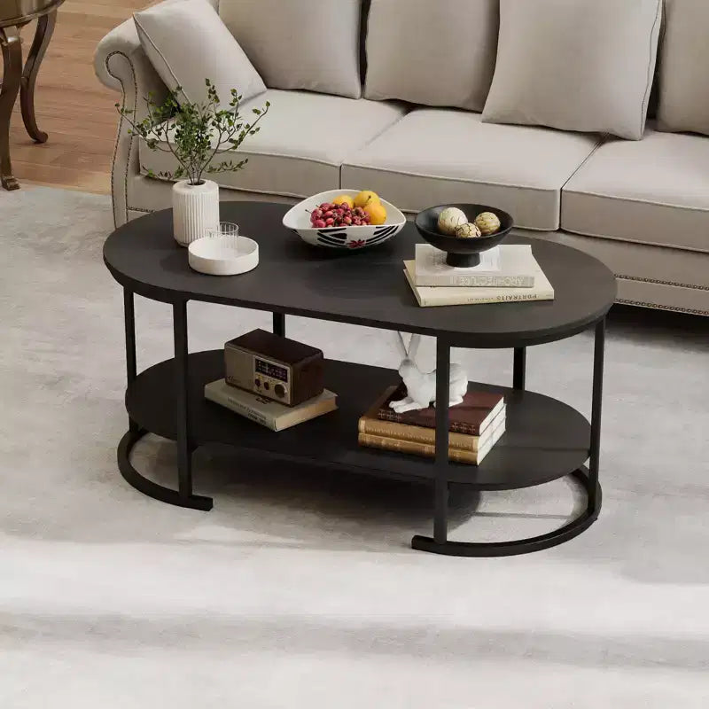 Table basse ovale à 2 niveaux avec cadre en métal et plateau aspect bois, noire, 100 cm L x 50 cm l x 46 cm H