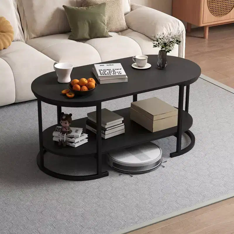 Table basse ovale à 2 niveaux avec cadre en métal et plateau aspect bois, noire, 100 cm L x 50 cm l x 46 cm H