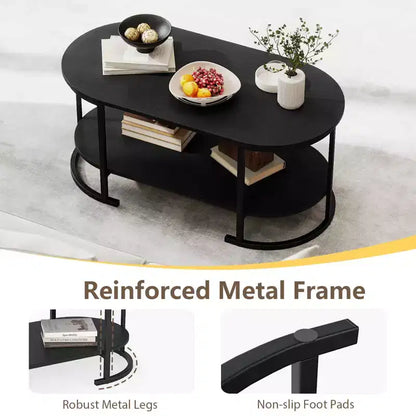 Table basse ovale à 2 niveaux avec cadre en métal et plateau aspect bois, noire, 100 cm L x 50 cm l x 46 cm H