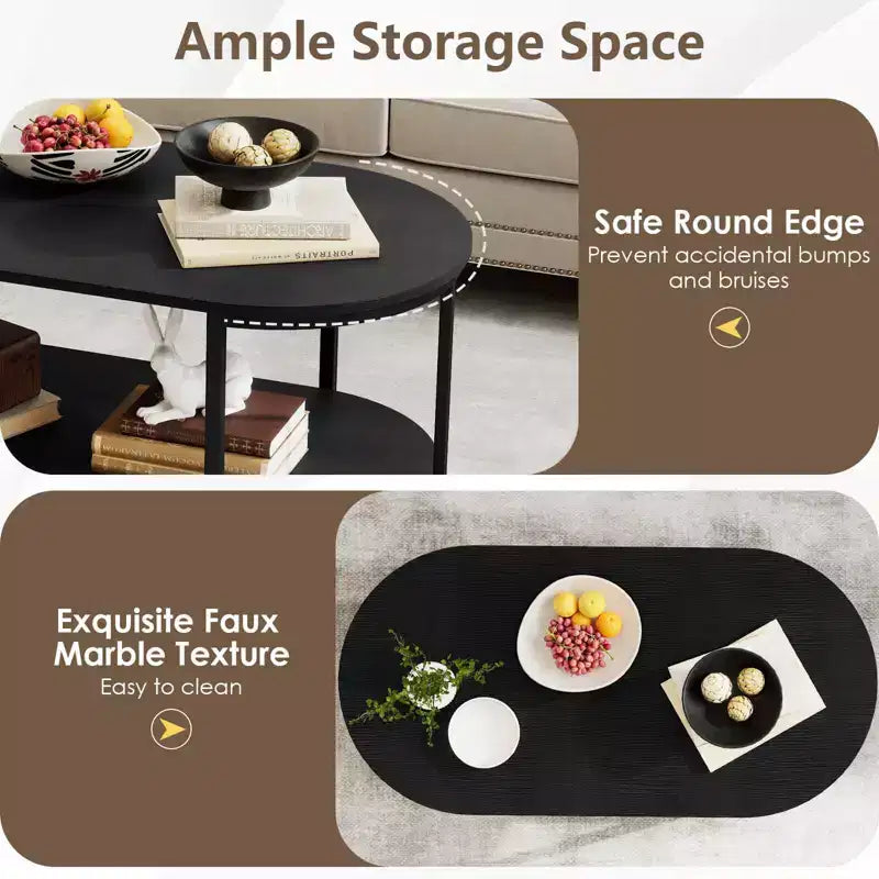 Table basse ovale à 2 niveaux avec cadre en métal et plateau aspect bois, noire, 100 cm L x 50 cm l x 46 cm H