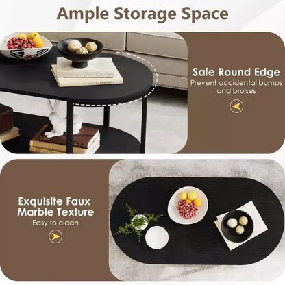 Table basse ovale à 2 niveaux avec cadre en métal et plateau aspect bois, noire, 100 cm L x 50 cm l x 46 cm H