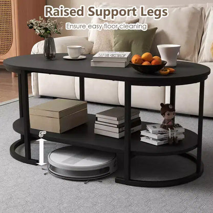 Table basse ovale à 2 niveaux avec cadre en métal et plateau aspect bois, noire, 100 cm L x 50 cm l x 46 cm H