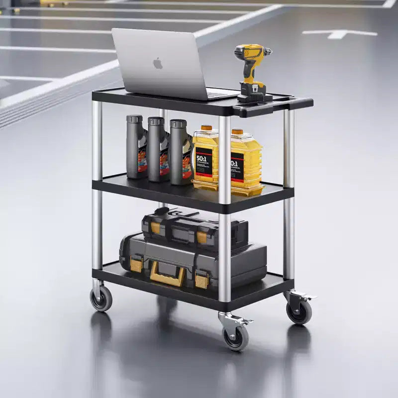 Chariot de service robuste à 3 niveaux, capacité de 136 kg, chariot de service de 70 x 46 cm, roues pivotantes à 360°, noir