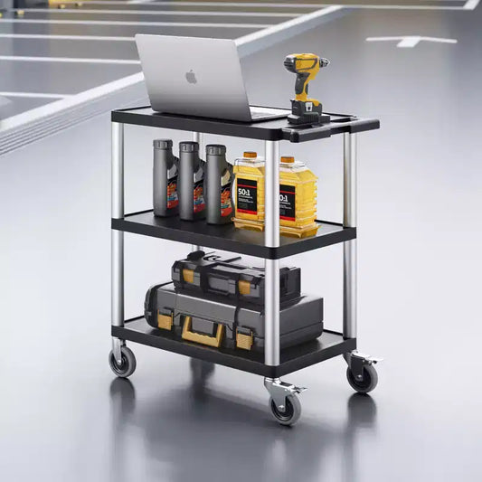 Chariot de service robuste à 3 niveaux, capacité de 136 kg, chariot de service de 70 x 46 cm, roues pivotantes à 360°, noir