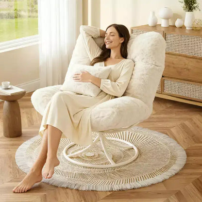 Grand fauteuil Papasan pivotant à 360° avec base à bascule en métal, chaise longue en rotin moelleux, coussin épais de 16 cm de profondeur, intérieur/extérieur, beige