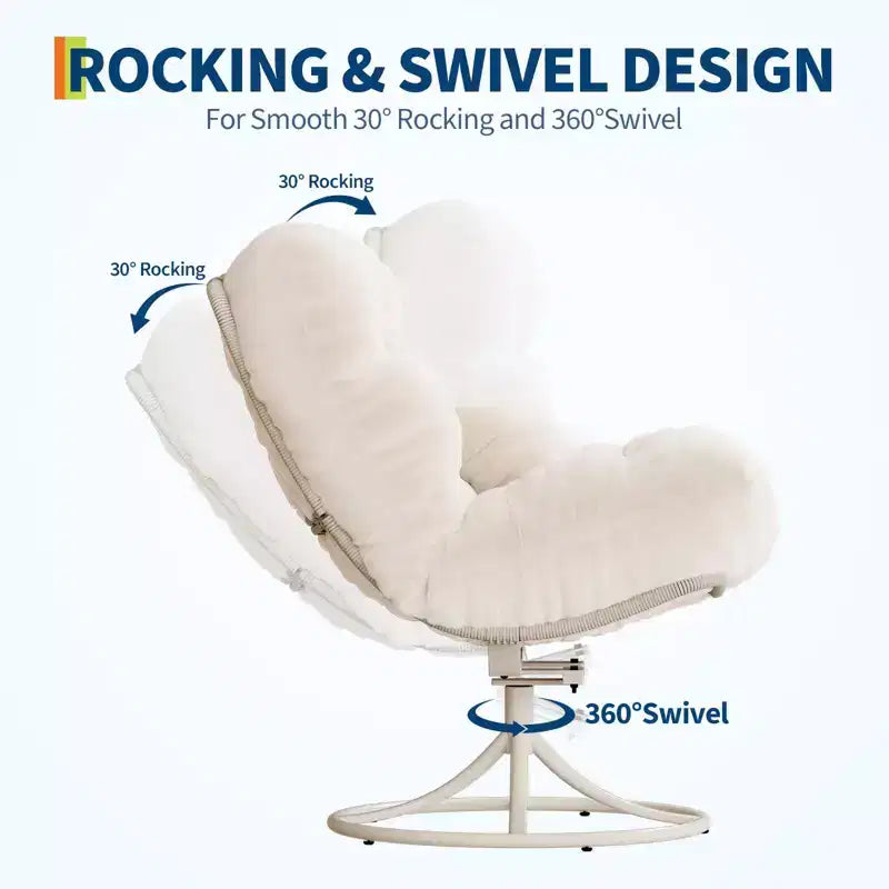 Grand fauteuil Papasan pivotant à 360° avec base à bascule en métal, chaise longue en rotin moelleux, coussin épais de 16 cm de profondeur, intérieur/extérieur, beige