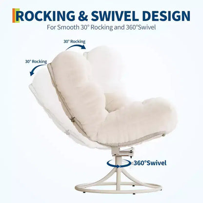 Grand fauteuil Papasan pivotant à 360° avec base à bascule en métal, chaise longue en rotin moelleux, coussin épais de 16 cm de profondeur, intérieur/extérieur, beige