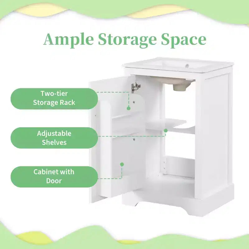 Meuble-lavabo autoportant de salle de bain de 30 pouces avec évier, en MDF blanc et bois d'hévéa, 3 tiroirs et étagère réglable
