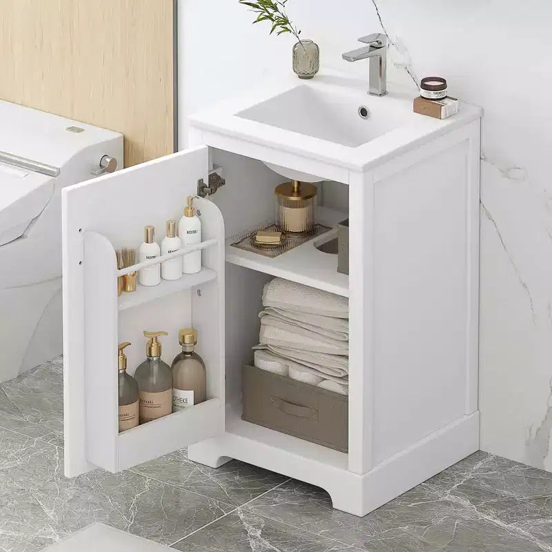 Meuble-lavabo autoportant de salle de bain de 30 pouces avec évier, en MDF blanc et bois d'hévéa, 3 tiroirs et étagère réglable