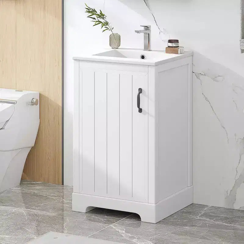 Meuble-lavabo autoportant de salle de bain de 30 pouces avec évier, en MDF blanc et bois d'hévéa, 3 tiroirs et étagère réglable